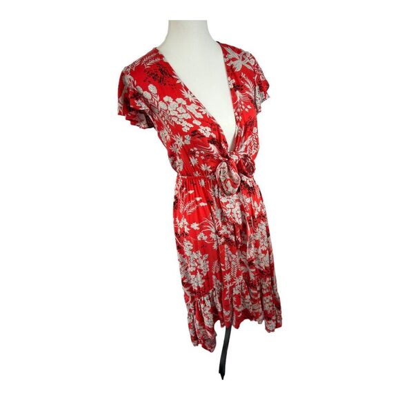Aakaa Red Sexy Summer Floral Deep V Neck High Low Flowy Front Tie Maxi Dress S - Picture 2 of 16